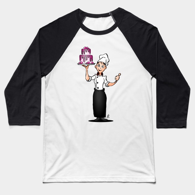 Pastry chef with a pink glazed cake Baseball T-Shirt by Cardvibes